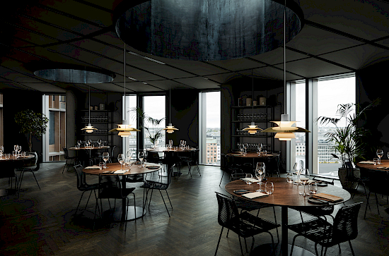 Lous Poulsen PH5 Pendelleuchte Messing in modernem Restaurant